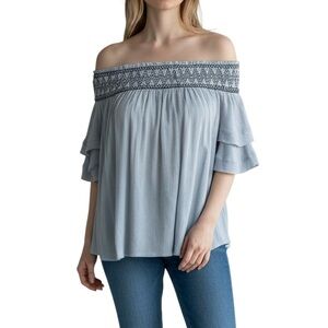 One The Land Ruffle Sleeve Smocked Neck Blouse Blue